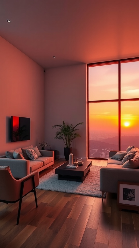 Living room with sunset simulation using gradient lights, featuring large windows and warm colors