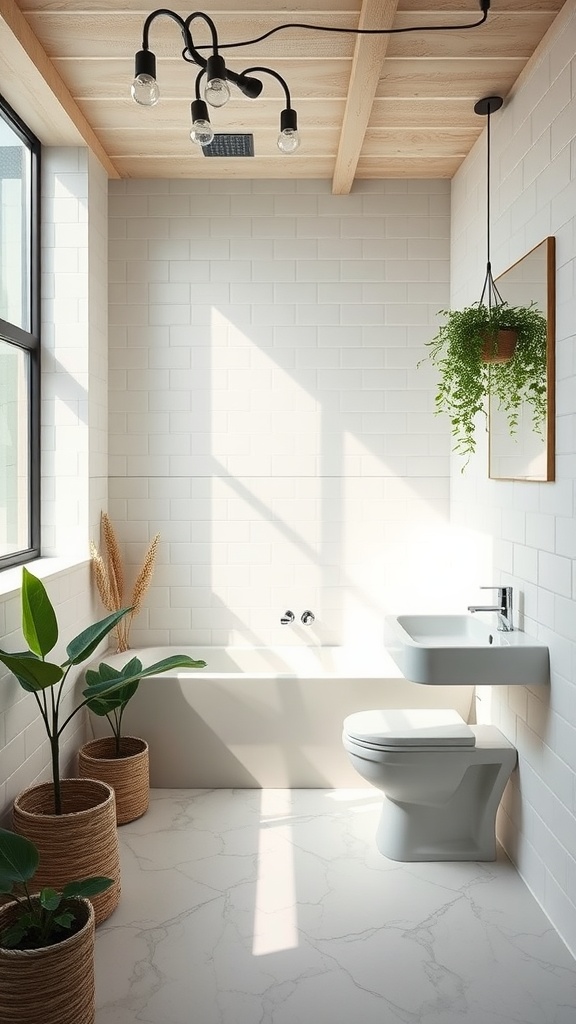 A modern bathroom featuring eco-friendly design elements with plants, white tiles, and a wooden ceiling.