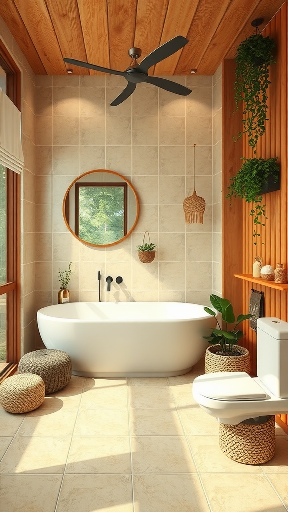 A sustainable and eco-friendly bathroom featuring a freestanding bathtub, wooden ceiling, and natural decor elements