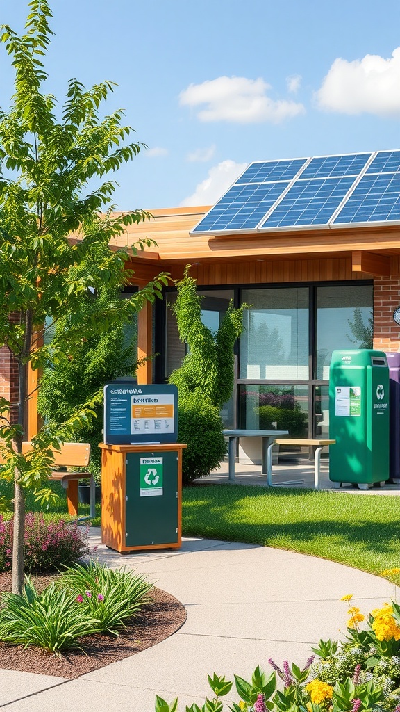 A modern library with solar panels, recycling station, and green landscaping.