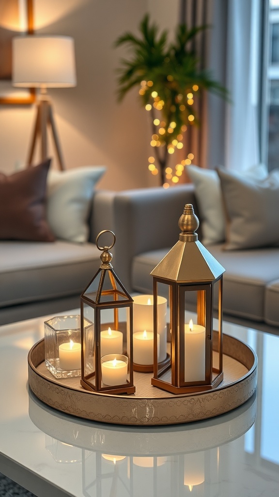 Elegant table centerpiece with lanterns and candles creating a warm atmosphere in a living room