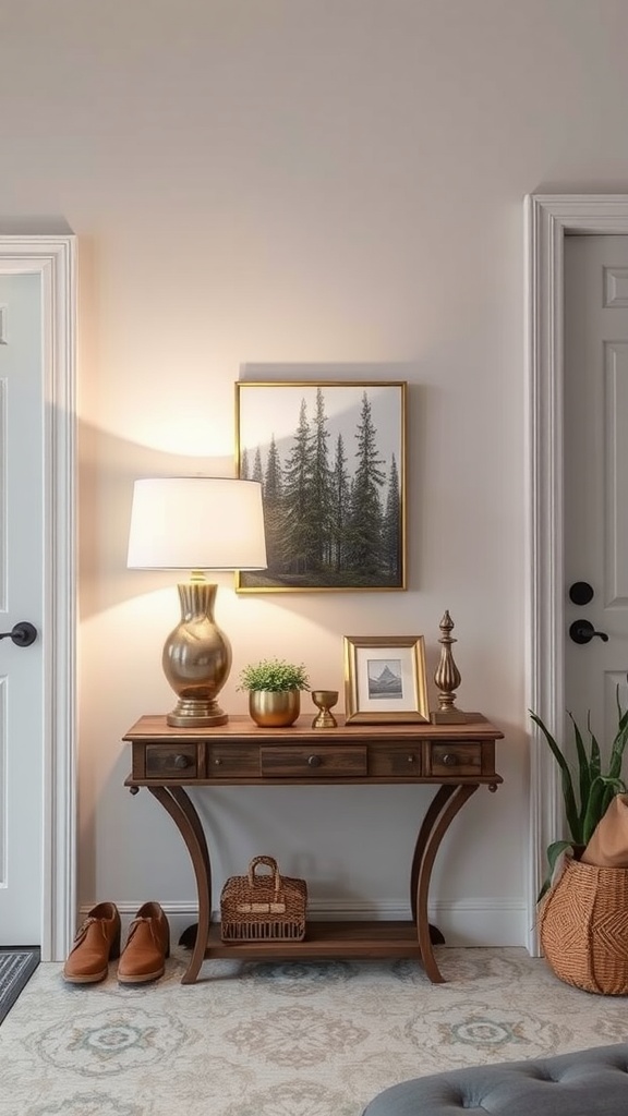 A warm and inviting entrance hall with a stylish table lamp on a wooden console table, surrounded by decorative elements.