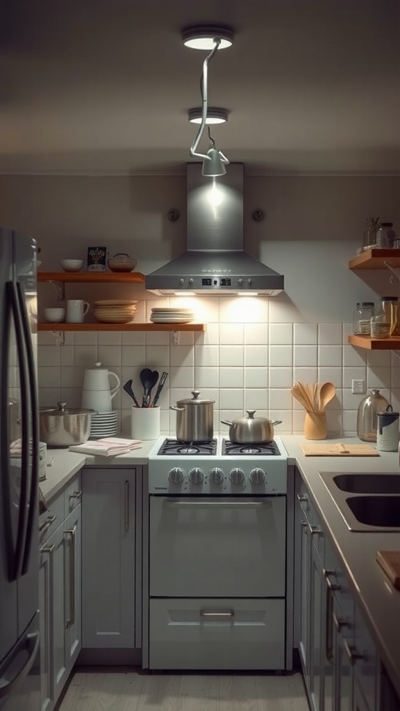 A modern kitchen with pendant lights and bright task lighting over the stove.