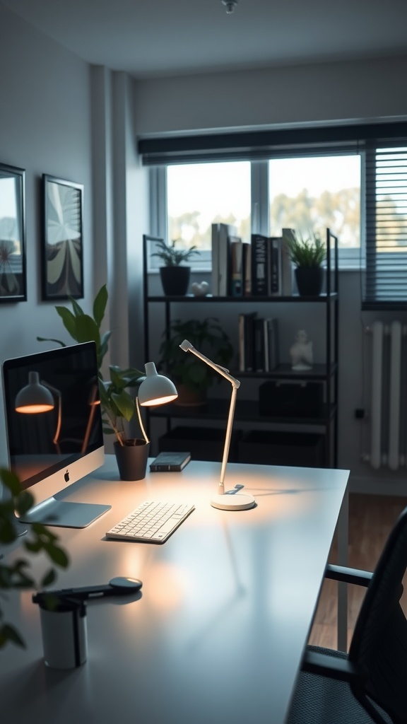 A modern workspace with a desk lamp illuminating the area, featuring a computer and plants.