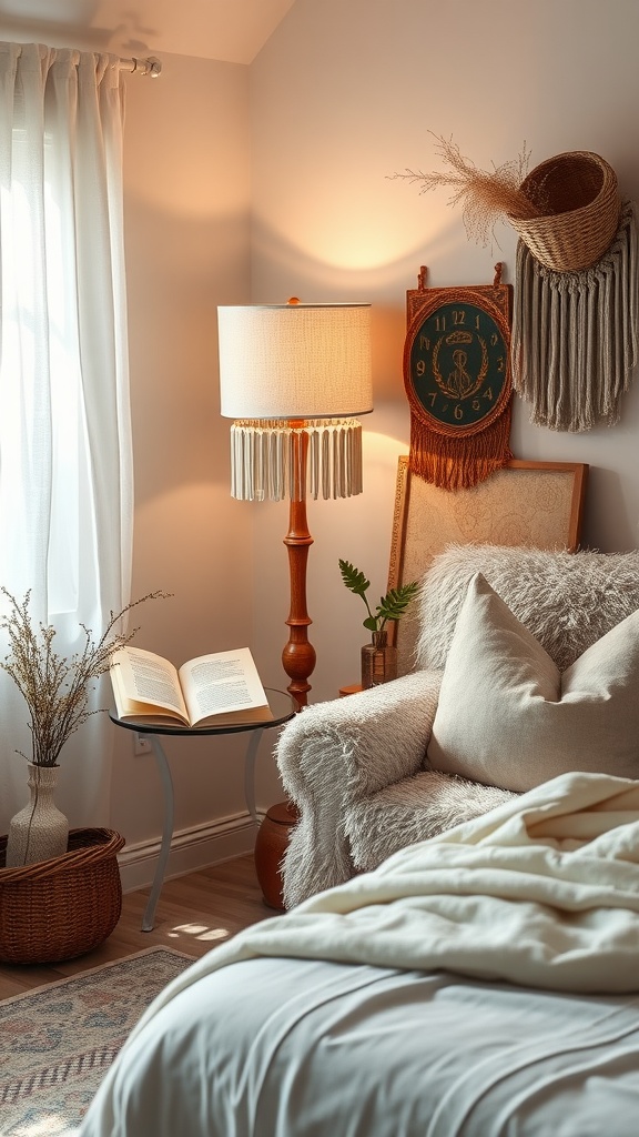 A cozy corner with a tasseled floor lamp, a plush chair, and a book on a side table, showcasing bohemian decor.