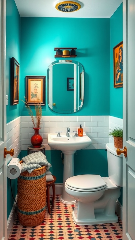 Small bathroom with teal walls, white tiles, and decorative elements