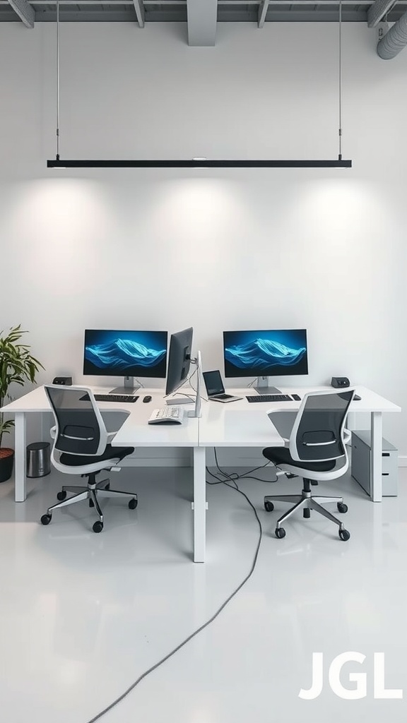 A modern double desk layout in a small home office with two ergonomic chairs and dual monitors.