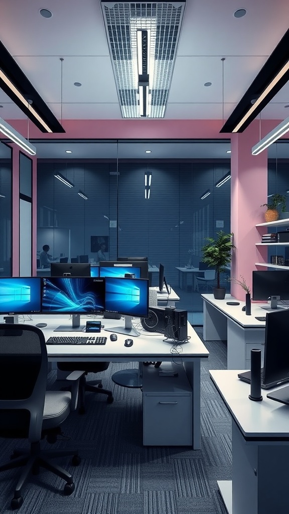 A modern tech-savvy office setup with multiple desks, dual monitors, and stylish decor.