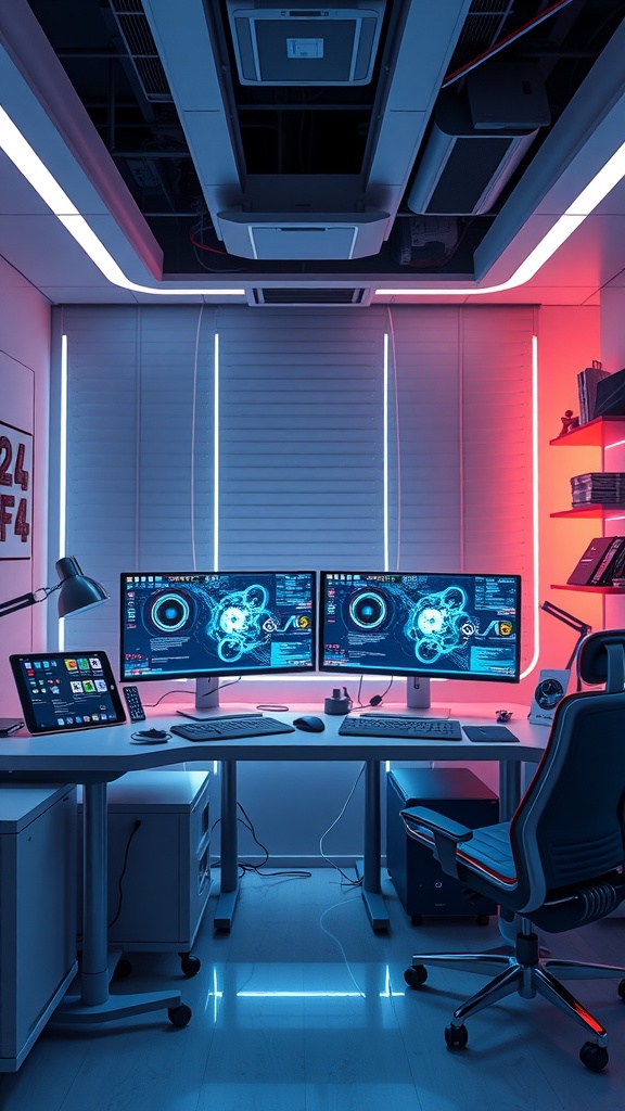 A modern home office setup featuring dual monitors, stylish desk, ergonomic chair, and vibrant lighting.