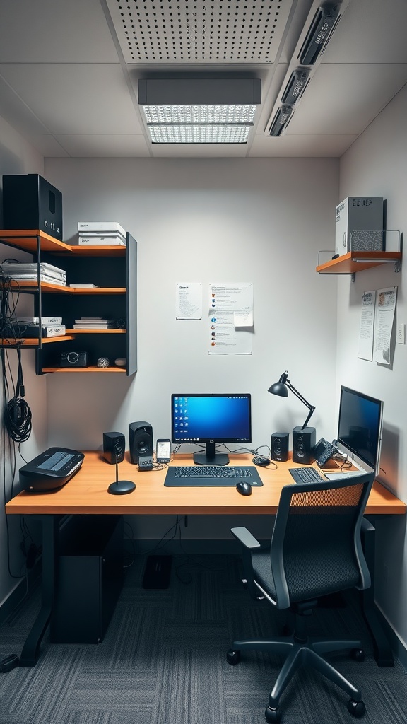 A compact home office setup featuring a desk with a computer, printer, and organized shelves for a clutter-free workspace.