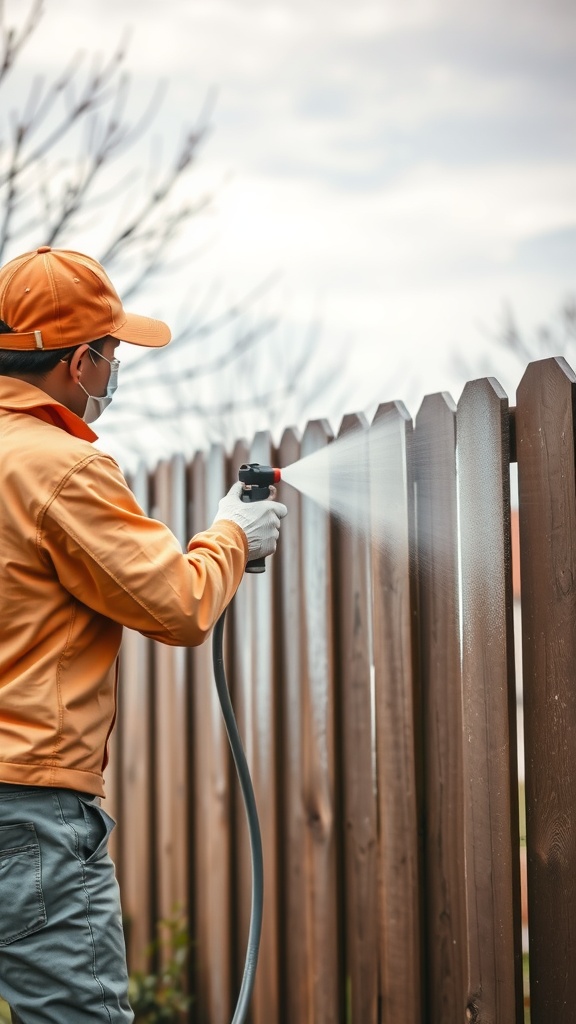 A person using a paint sprayer on a wooden fence, wearing an orange outfit and a cap.