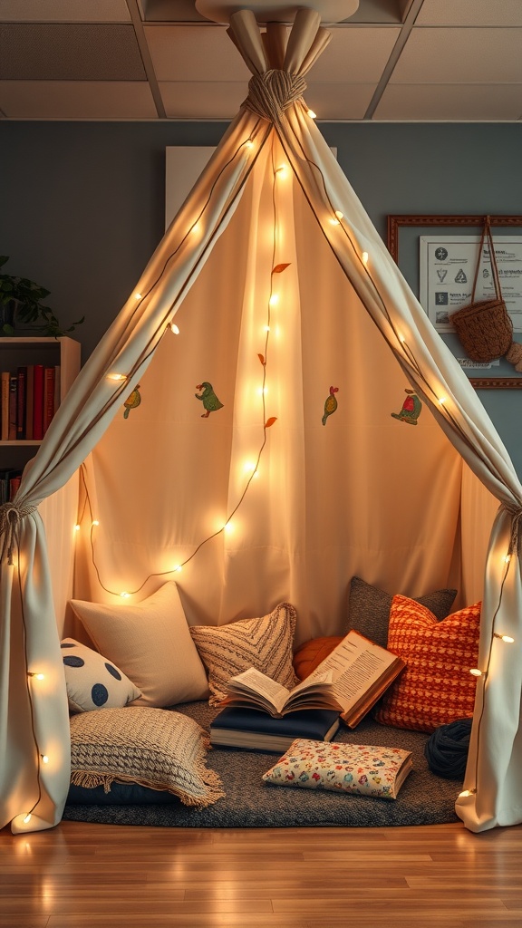 A cozy tented reading corner in a classroom with cushions, an open book, and fairy lights.