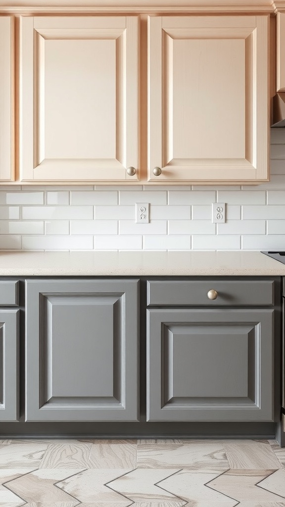 A kitchen with two different cabinet paint finishes: light creamy upper cabinets and dark gray lower cabinets.