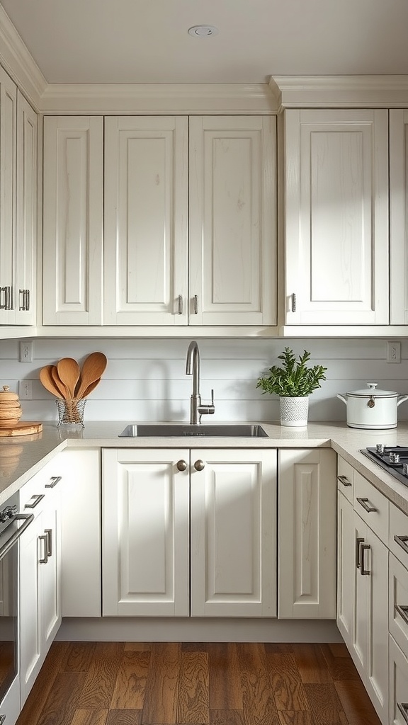 A cozy farmhouse kitchen with textured white cabinets and a warm wooden floor.