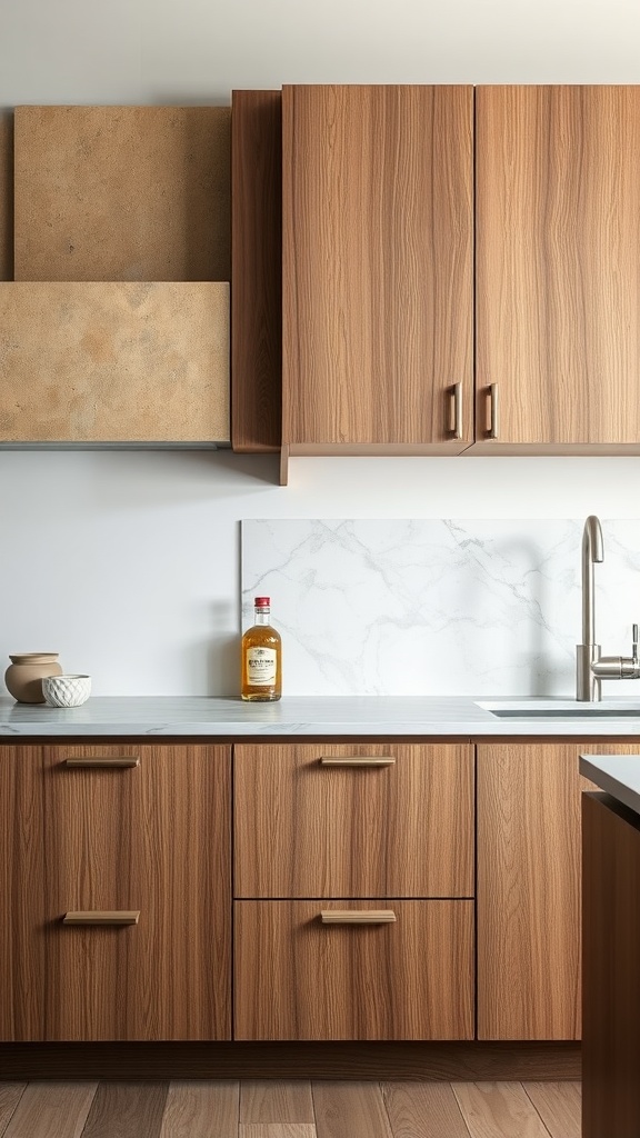 Textured kitchen cabinets featuring wood and earthy finishes.