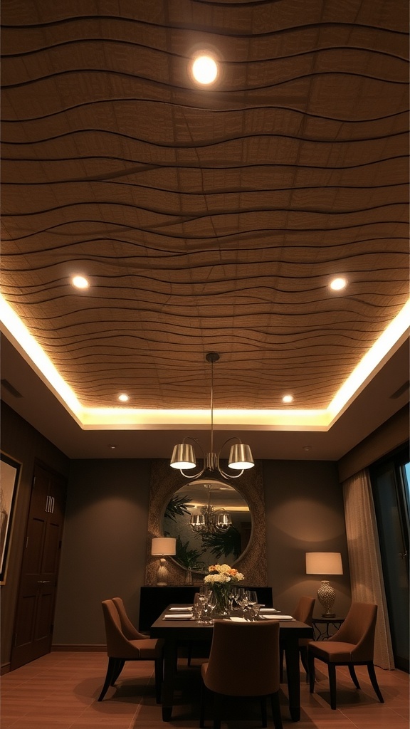 Stylish dining room with a textured ceiling and recessed lighting