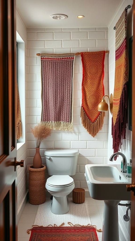 A stylish bathroom featuring textured fabric wall hangings in warm colors.