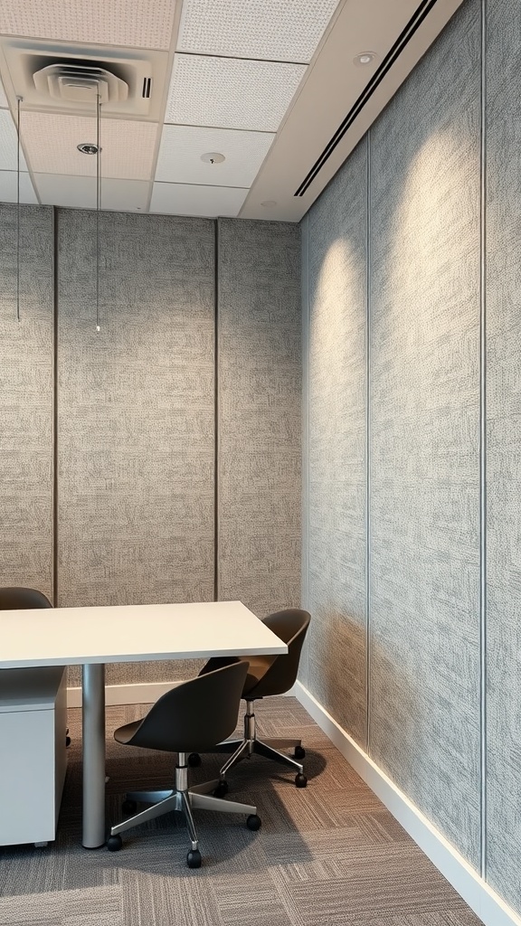 Meeting room with textured fabric wall panels and a modern table and chairs