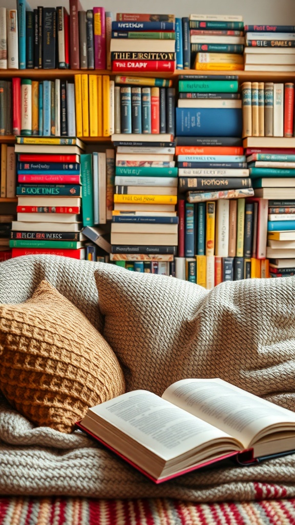 A cozy reading nook with textured fabrics, including cushions and a blanket, surrounded by shelves of books.