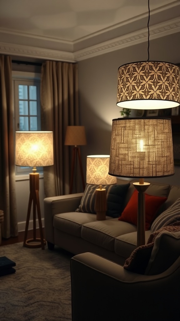 A cozy living room with textured lamp shades illuminating the space.