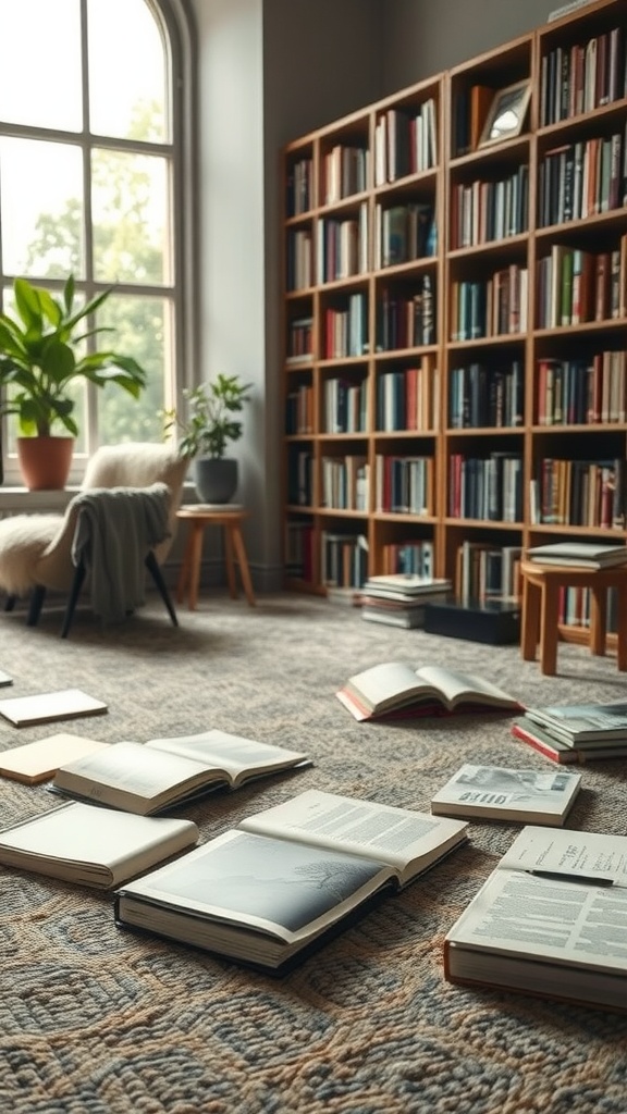 A cozy library with a textured rug, books on the floor, and bookshelves filled with books.