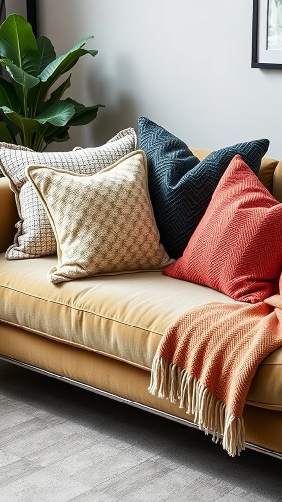 A cozy sofa with various textured throw pillows in warm colors, featuring a plant in the background.