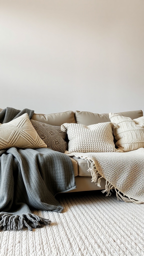 Cozy living room with textured throw pillows and blankets on a sofa
