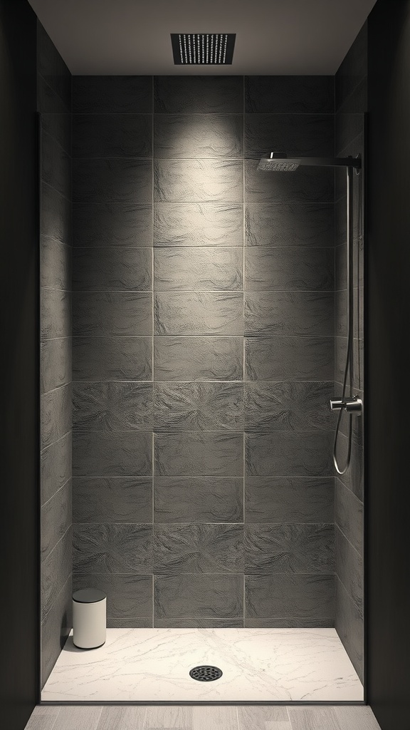 A modern bathroom featuring textured wall panels, a sleek sink, and wooden cabinetry.