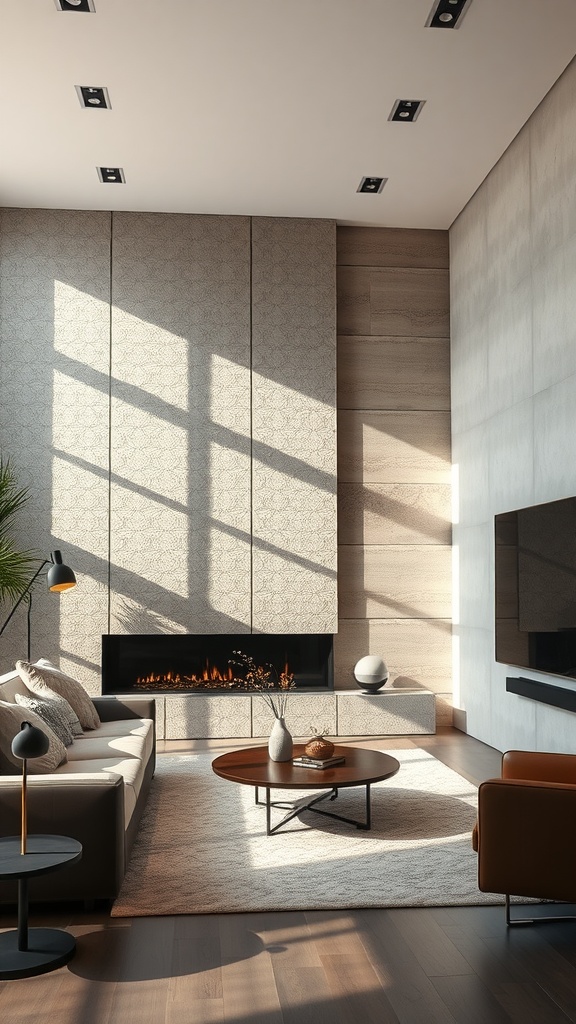 Living room with textured wall panels reflecting light