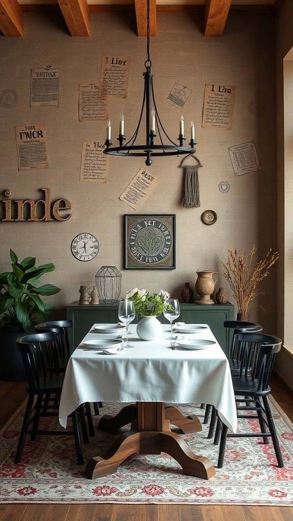 A cozy farmhouse dining room with textured wall treatments, featuring a wooden table set for dinner, black chairs, and decorative elements on the walls.