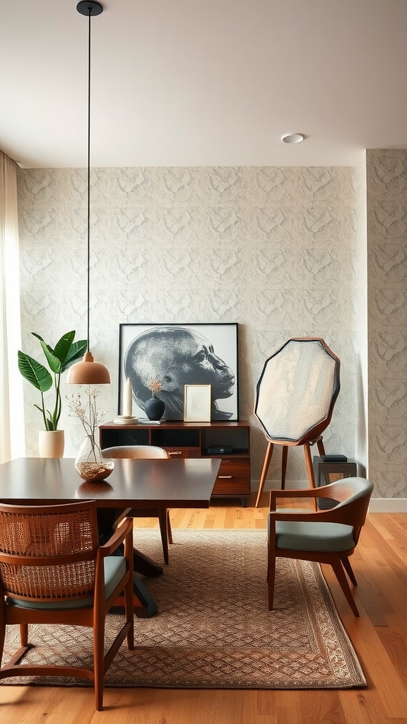 Cozy living room dining room combo with textured wall and wooden furniture.