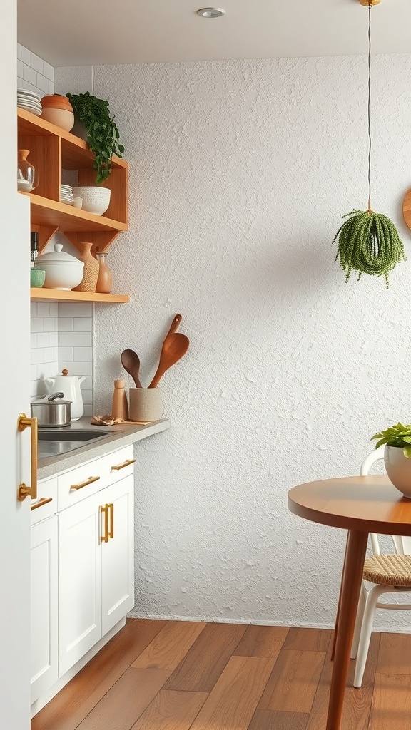 A cozy kitchen corner featuring a textured white wall, wooden shelves with kitchenware, and a small round table.