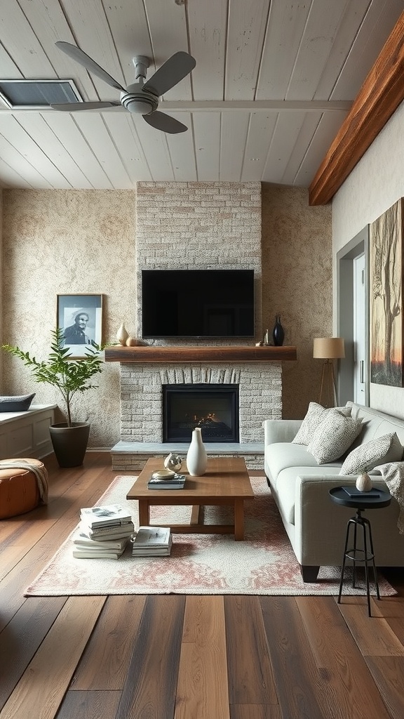 Cozy rustic farmhouse living room featuring textured walls, a fireplace, and wooden flooring.