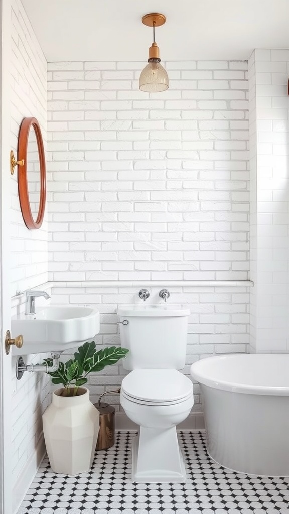 A stylish bathroom featuring textured white subway tiles, a round mirror, and a black and white patterned floor.