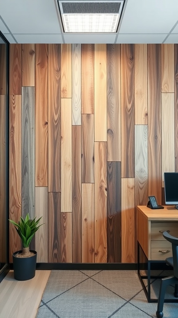 Textured wood panels on an office wall with a desk and plant