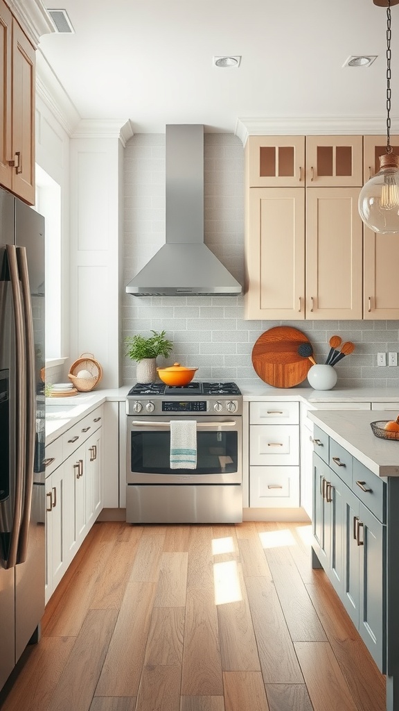 A stylish kitchen featuring a mix of beige and blue painted cabinets, modern stainless steel appliances, and warm wooden flooring.