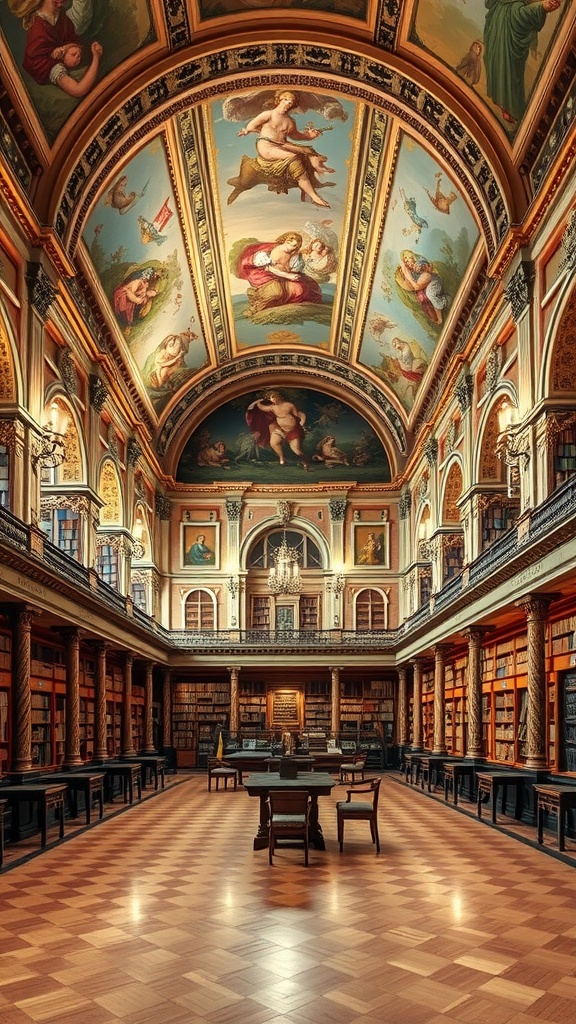 Interior of the National Library of the Czech Republic featuring ornate frescoes and wooden flooring.