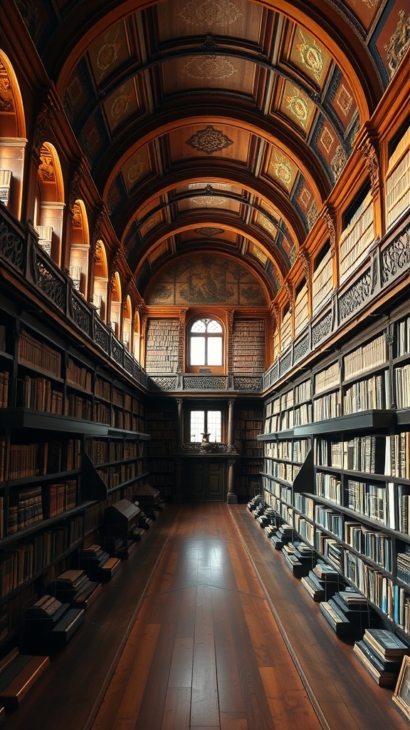 Interior of the El Escorial Library showing wooden shelves filled with books and an ornate ceiling.