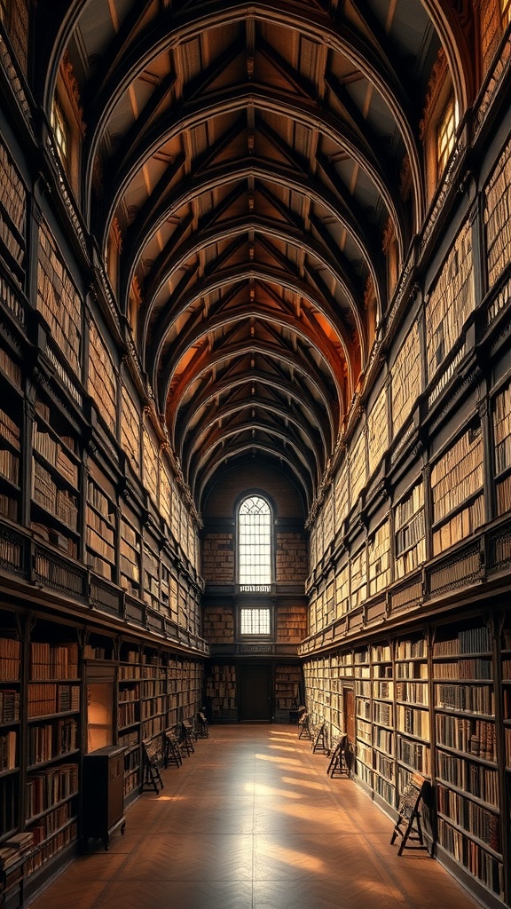 The interior of the Long Room at Trinity College Dublin, showcasing towering wooden bookshelves and a beautiful arched ceiling.