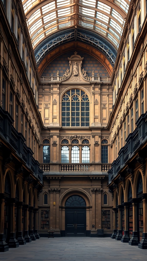 The interior view of Bodleian Library showing tall ceilings and intricate architectural details