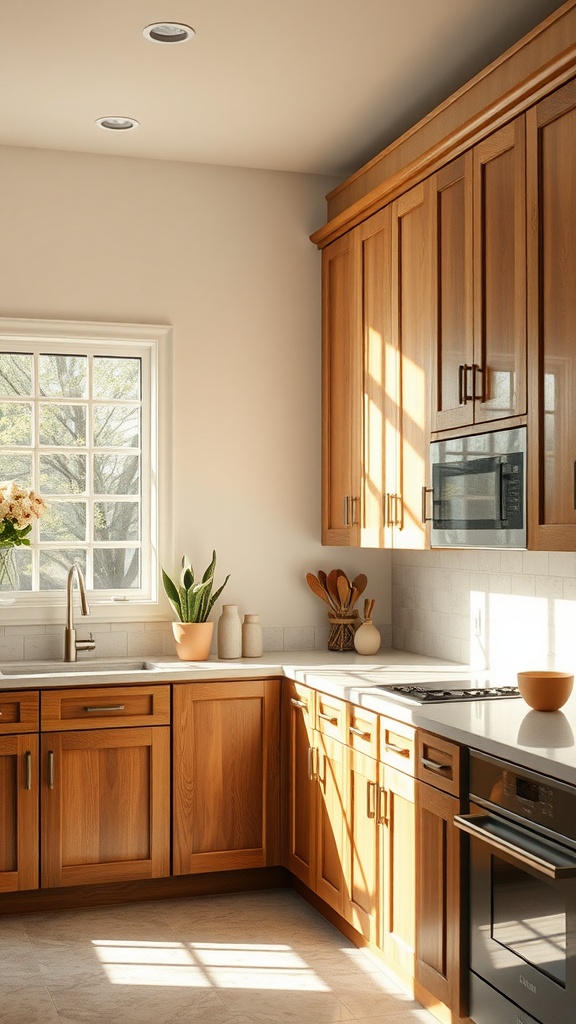 A well-lit kitchen showcasing wooden cabinets highlighting the impact of sheen on light reflection.
