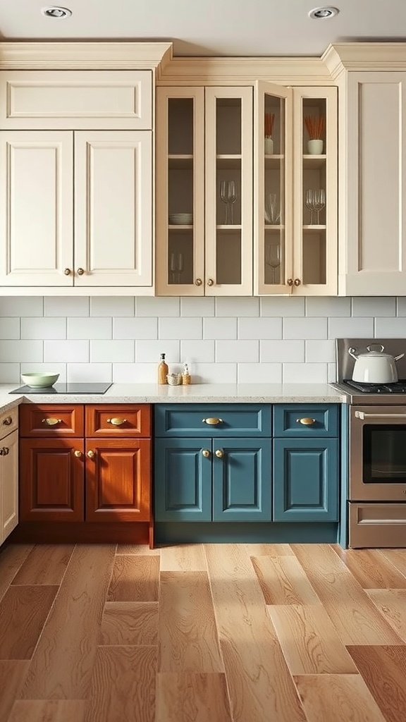Colorful kitchen cabinets with a mix of wood and painted finishes, showcasing a modern design.