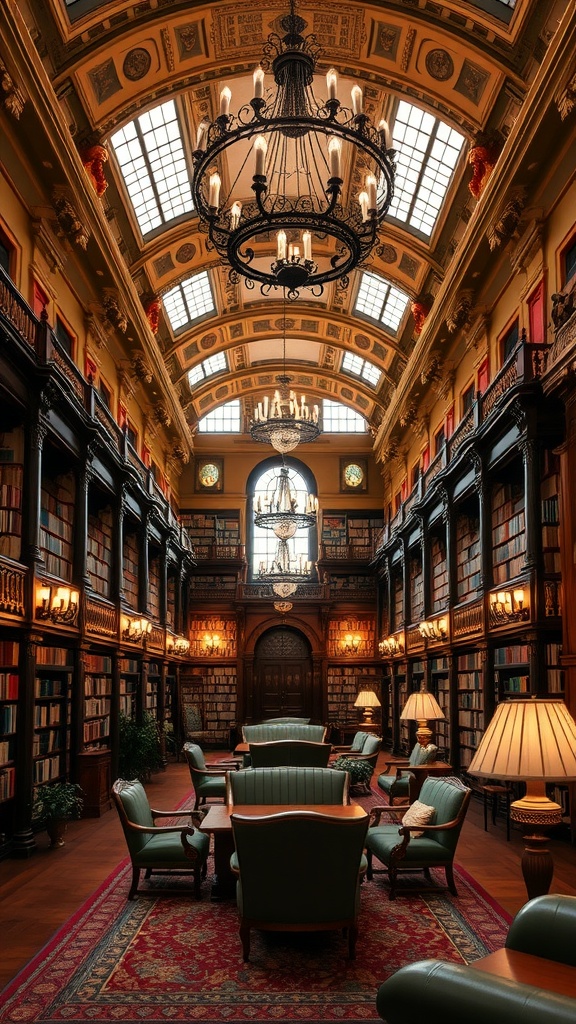 Interior of the Richelieu Library featuring ornate chandeliers, wooden bookshelves, and comfortable seating.