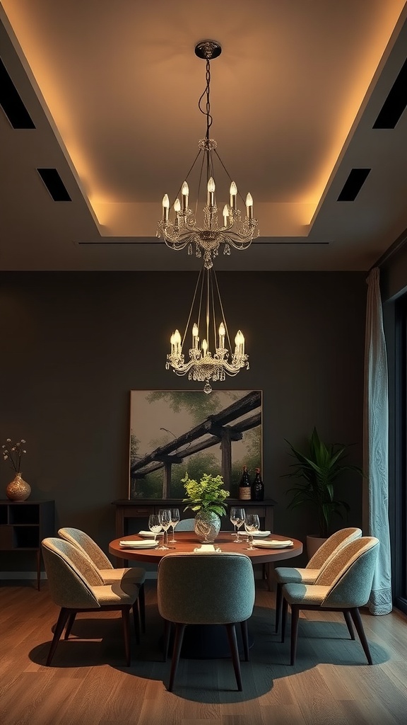 A beautifully designed dining room with elegant chandelier and dimmable lighting