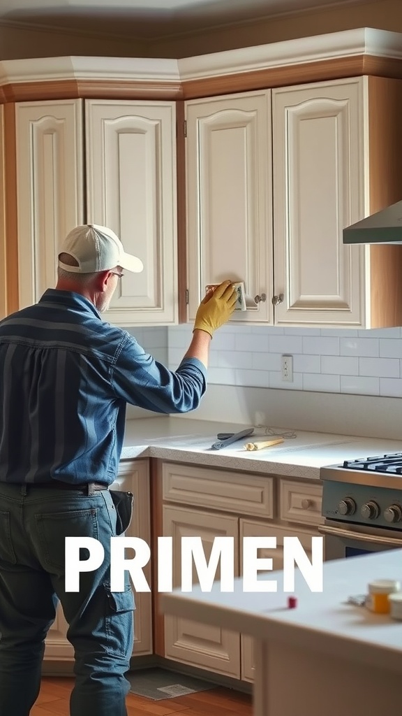 A person applying primer to kitchen cabinet doors, preparing for painting.