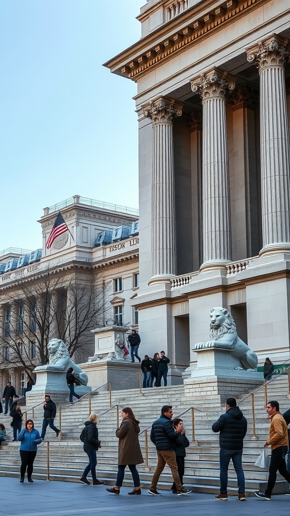 Entrance of the New York Public Library Main Branch with columns and lion statues, people walking up the stairs.