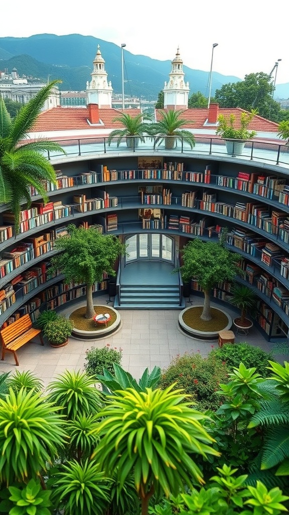 Interior view of Biblioteca Vasconcelos, showcasing shelves of books, plants, and modern architecture.