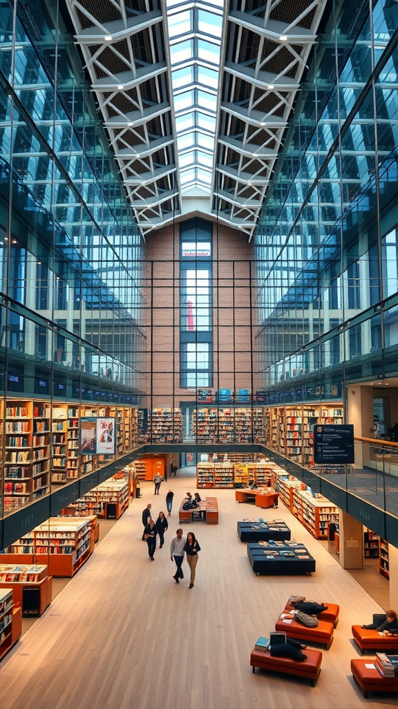 Interior view of Seattle Central Library showcasing its modern architecture and spacious layout with bookshelves and seating areas.