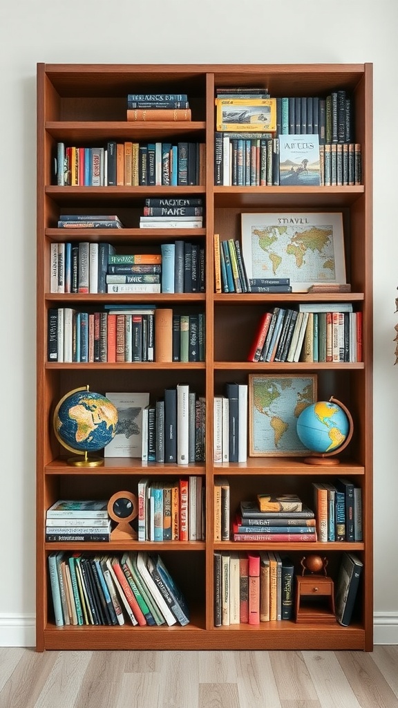 A wooden bookshelf filled with books, globes, and a world map, showcasing themed book displays.