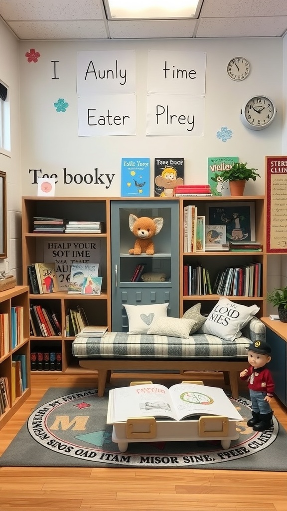 A cozy classroom reading corner with a couch, bookshelves filled with colorful books, and playful decorations.